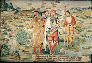 Galathes, 11. galský král s mapou Galie za zády, detail z tapiserie o historii galských králů, dílna v Arrasu, asi 1530