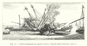 Galley útočící na velkou loď; podle Israel Silvestre, 17. století (rytina) od French School