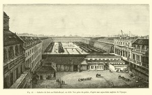 Dřevěné galerie v Palais-Royal, v roce 1828, pohled z paláce, po anglické aqua-tinta té doby od French School