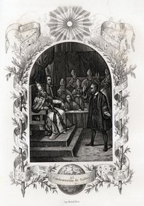 Galilee (nebo Galileo Galilei (1564-1642)) před Svatým úřadem ve Vatikánu““ Astronom byl odsouzen inkvizičním tribunálem v roce 1632. Rytina pro ilustraci Histoire des Popes od Maurice Lachatre (1814-1900), librairie du progres, Paříž. od French School