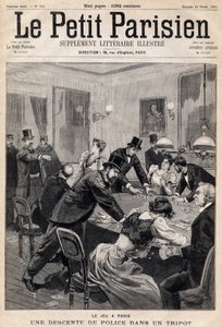 Herna v Paříži: Policejní razie v herním klubu (kasinu). Jeden z novin "Le Petit Parisien"" dne 26.2.1893 (rytina) od French School