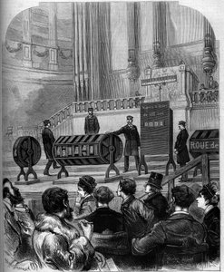 Hazardní hra: losování Národní loterie ve slavnostním sále Trocadero dne 6. ledna 1879 v Paříži. Rytina v „“ Le Monde Illustré““ č. 1140 z 1. února 1879. od French School