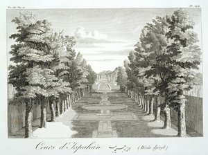Zahrady v Tshehar-Bagh, Isfahan, z knihy Voyages du Chevalier Chardin en Perse, et autres Lieux de l