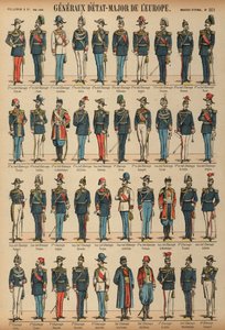 Důstojníci generálního štábu a uniformy armád z celého světa (barevná rytina) od French School