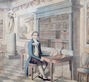 Gentleman čte ve své knihovně od French School