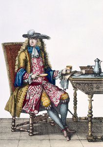 Gentlemans Elaborate Outfit, 1760 88: Gentlemans komplikovaná vyšívaná vesta, kabát a klobouk; 99:muž; tradiční kroj; tradiční oděv; móda; c18.; sedící; lavice; tab od French School