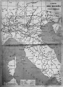 Zeměpisná mapa vévodkyně střední Itálie v roce 1860. Rytina v „“ Le Monde Illustré““ č. 143 ze 7. ledna 1860. od French School