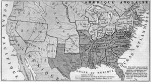 Zeměpisná mapa Spojených států amerických v březnu 1861. V běhu jsou zastoupeny otrokářské státy. Bíle napsané názvy sedmi konfederačních států, které se oddělily od Unie: Texas, Jižní Karolína, Mississippi, Florida, Alabama, Georgi od French School