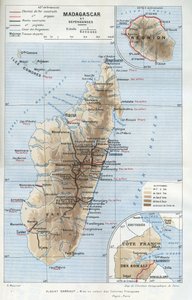 Geografická mapa kolonie Madagaskar a jejích závislých území, Réunionu a francouzského pobřeží Somálska. in "La mise en valeur des colonies francaises", Albert Sarraut od French School