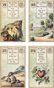 Německé vydání Lenormandské francouzské cartomancy deck: The Mountain, The Road, The Mice, The Heart, vydané nakladatelstvím Dondorf, Frankfurt, 19. století od French School