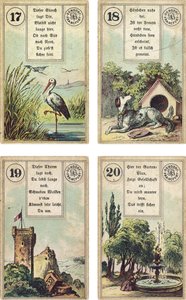Německé vydání Lenormandské francouzské cartomancy paluby: Čáp, Pes, Věž, Zahrada, vydal Dondorf, Frankfurt, 19. století od French School