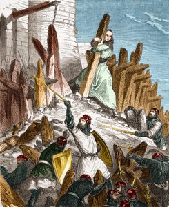 Geurre proti Hugues du Puiset od Louis le Gros: Útok na Chateau du Puiset (nacházející se v departementu Eure-et-Loir) silami francouzského krále LOUIS VI le Gros v roce 1118. Rytina v „Histoire De France En Sto obrazů od Paula Lehugeura od French School