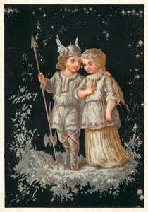 Dívka a chlapec v norském nebo germánském kostýmu (chromolitho) od French School
