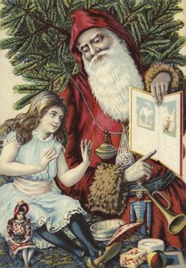 Dívka je zobrazena ilustrovaná kniha od Father Christmas od French School