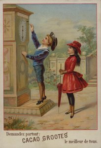 Dívka sleduje chlapce, jak nastavuje hodiny (chromolitho) od French School