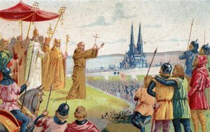 Bůh to chce! Petr poustevník hlásající křížovou výpravu (1095 - 1099) Chromolitografie konce 19. století. od French School