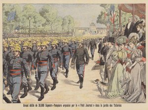 Velký průvod 20 000 hasičů přes Jardin des Tuileries v Paříži (barevná litografie) od French School