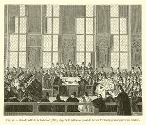 Velký sál Sorbonny, 1732; podle původního obrazu Gerarda Terbourga, velká galerie v Louvru od French School