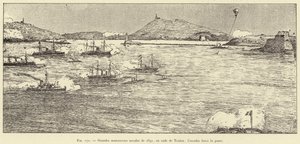 Velké námořní manévry z roku 1891 v přístavu Toulon; eskadra si vynucuje průsmyk (rytina) od French School