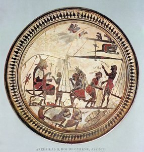 Řecký pohár zobrazující Arcesilase II., krále z Kyrény (asi 560–550 př. n. l.), který sleduje vážení a nakládání silphia, kopie originálu ze 6. století před naším letopočtem od French School