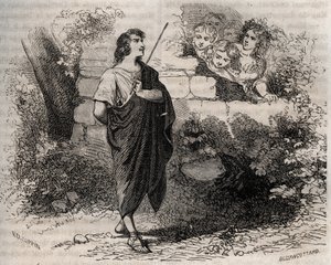 Řecká mytologie: Bacchis a jeho přátelé se snaží svést Gygese, který odmítá a zůstává věrný své zesnulé ženě. Rytina z roku 1871 v „Histoire Des Cocuses Celebres““ od Henryho de Kocka (1819-1892). od French School