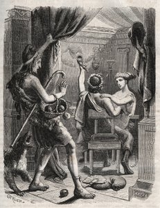 Řecká mytologie: „Tento výkřik vyvolala Paříž““. Paris překvapí Helene Peritanem. Rytina z roku 1871 v „Histoire Des Cocuses Celebres““ od Henryho de Kocka (1819-1892). od French School