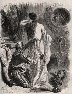 Řecká mytologie: král Lydie Candaule (nebo Caudale) ukazuje svou ženu nahou svému důvěrníkovi Gygesovi, schovává se ve stínu, když se zavře v ložnici. Rytina z roku 1871 v „Histoire Des Cocus Celebres““ od Henryho de Kocka (1819-1892). od French School