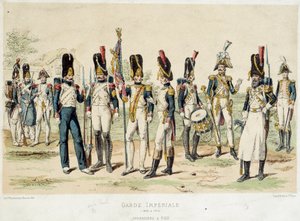 Granátníci noha císařské gardy Napoleona I. (mezi lety 1804 a 1814). 19. století rytina. Paříž, dekorativní umění od French School