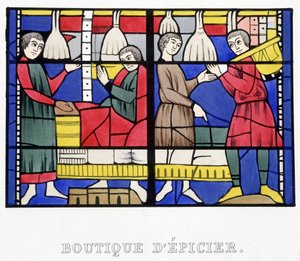 Potraviny. Faksimile vitráže ze středověku v „Histoire de la peinture sur verre““ od Ferdinanda de Lasteyrie od French School