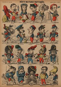 Groteskní vojenské karikatury (barevná rytina) od French School