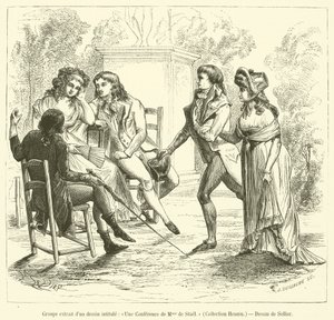 Skupina převzatá z kresby s názvem Une Lecture de Madame de Stael, Collection Hennin (rytina) od French School