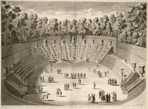 Háj Salle du Bal, Versailles, z Les Plans, Profiles et Elevations des Ville et Chateau de Versailles, rytý Lucas, publikováno kolem roku 1715 od French School