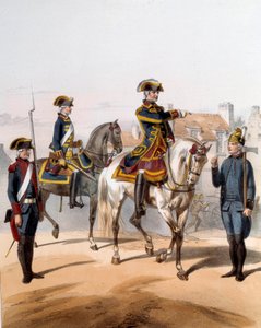 Stráže města Paříže (pěší hlídka, koňská hlídka, hlídač, strážce pumpy). Rytina 19. století. Paříž, Musee de la Prefecture od French School