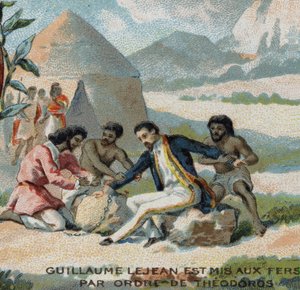 Guillaume Lejean, francouzský průzkumník, byl uveden do okovů na příkaz císaře Theodora Habešského (dnešní Etiopie). Chromolitografie 19. století. od French School