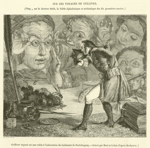 Gulliver vystavený na stole k obdivu obyvatel Brobdingnagu (rytina) od French School
