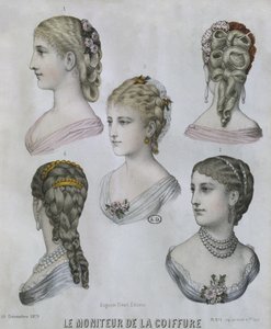 Účesy, ilustrace z Le Moniteur de la Coiffure, 10. prosince 1879 (barevná rytina) od French School