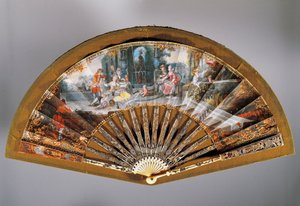 Ruční vějíř se snídaní pod širým nebem, vějíř z malovaného papíru, propíchnutá slonovinová ochranná tyč a damaskovaný zlatem a stříbrem od French School