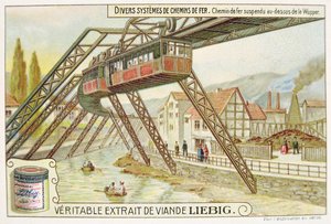 Závěsný vlak na řece Wupper, propagační reklamní karta pro Veritable Extrait de Viande Liebig od French School