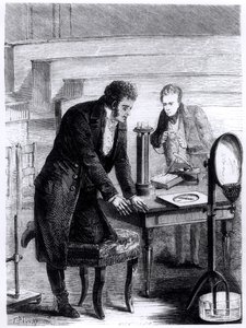 Hans Christian Oersted (1777-1851) objevil v roce 1820 odchylku magnetické střelky uzavřeným proudem z Les Merveilles de la Science od Louise Figuiera (1819-94), 1867 od French School