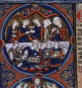 Harley 1527 fol. 36v Banket s hudebníky, z 