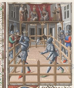 Harley 4375 f.171v, Dva rytíři bojující s pollaxami, od ‚Valerius Maximus‘, kolem 1473-80 (vellum) od French School