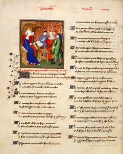Harley 4431 svazek II, f.259v Miniatura ženy čtoucí morální přísloví na začátku „Proverbes moraux“, z „Knihy královny“, od Christine de Pizan, kolem 1410-14 (inkoust, barva a zlato na pergamenu) od French School