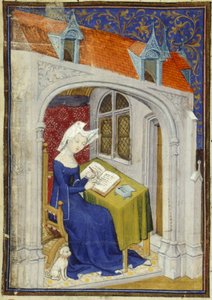 Harley MS 4431 f.004r Detail miniatury Christine de Pizan v její pracovně na začátku ‚Cent balades‘, kolem 1410-14 (inkoust a barva na pergamenu) od French School