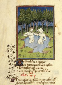 Harley MS 4431, f.132v, Miniatura Hermafrodita a nymfy Salmacis koupající se v jezeře, z 