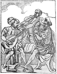 Hráči na harfu a loutnu (Cythara a Testudo) v 16. století. V "" Malebném obchodě "" 1836 od French School