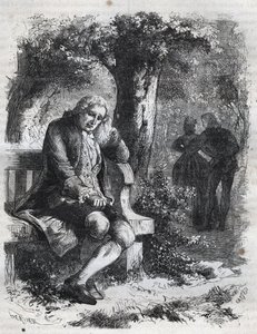 Slyšel šepot polibku." Švýcarský filozof Jean Jacques (Jean-Jacques) Rousseau (1712-1778) překvapí svou družku Marii-Therese (Marie Therese) Le Vasseur (Levasseur) (1721-1801) v úplném cizoložství. Rytina z roku 1871 v „Histoire Des Cocuses od French School