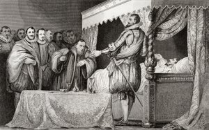 Henri III (1551-89) jmenuje Bearnaise (1553-1610) jako svého nástupce, z „Histoire de France“ od Colarta, vydaného kolem roku 1840 od French School