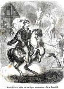 Henri II. (1519 - 1559) nechal upálit kacíře u svého vjezdu do Paříže - v „Histoire de France“ od L.-P. Anquetil od French School