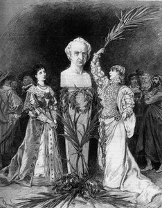 Henriette Rosine Bernardová zavolala Sarah Bernhardt (1844-1923) recitující „Bitvu u Hernani“ od Francoise Coppeeho před bustou Victora Huga (1802-1885) u příležitosti padesátého výročí hry „Hernani“. Paříž, komedie Francaise od French School