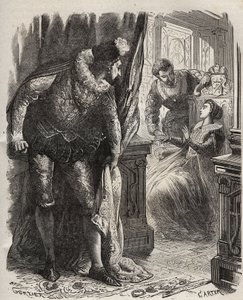 Henry (Henry) Stuart dit Lord Darnley (1545-1567) překvapil svou manželku, královnu Marii (Mary) Iere Stuart (1542-1587), svým soukromým tajemníkem Davidem Rizziem († 1566). Rytina z roku 1871 v „Histoire Des Cocuses Celebres““ od Henryho de Kocka (1819-18 od French School